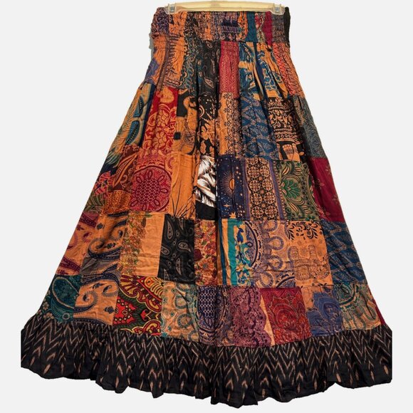 Nwt FUNKY STUFF boho hippy patch bohemian smocked rayon SKIRT L - Picture 1 of 4